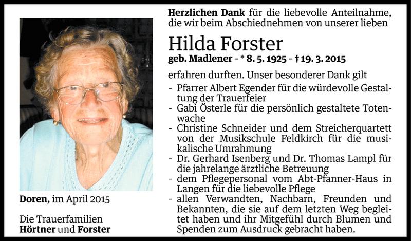  Todesanzeige für Hilda Forster vom 14.04.2015 aus Vorarlberger Nachrichten