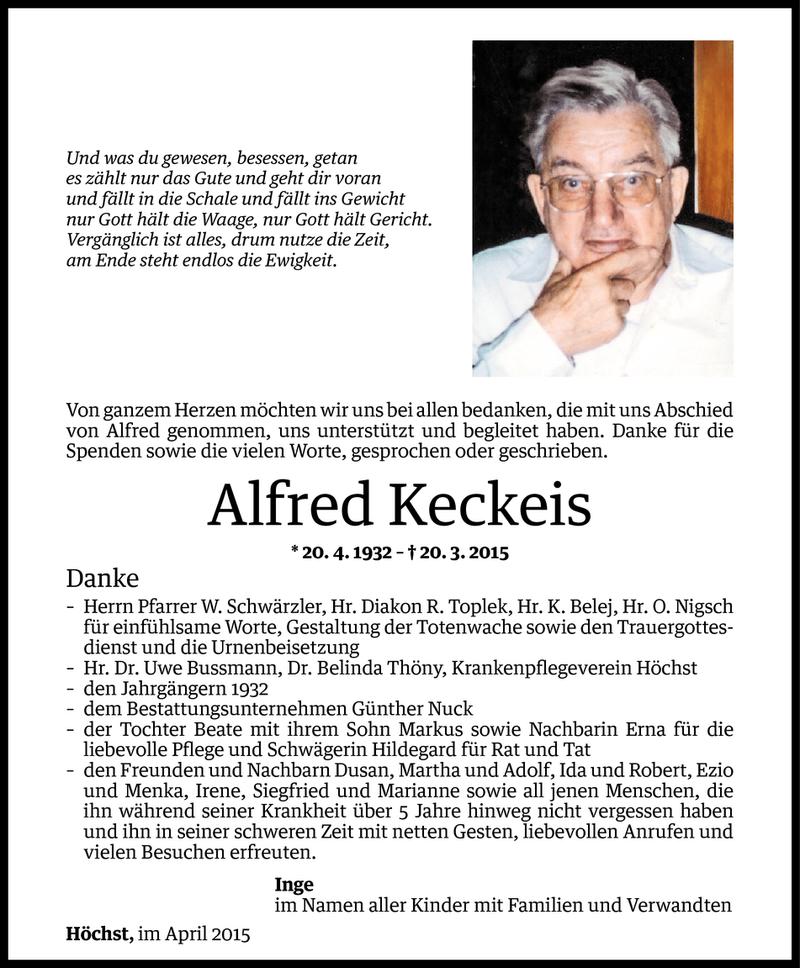  Todesanzeige für Alfred Keckeis vom 14.04.2015 aus Vorarlberger Nachrichten