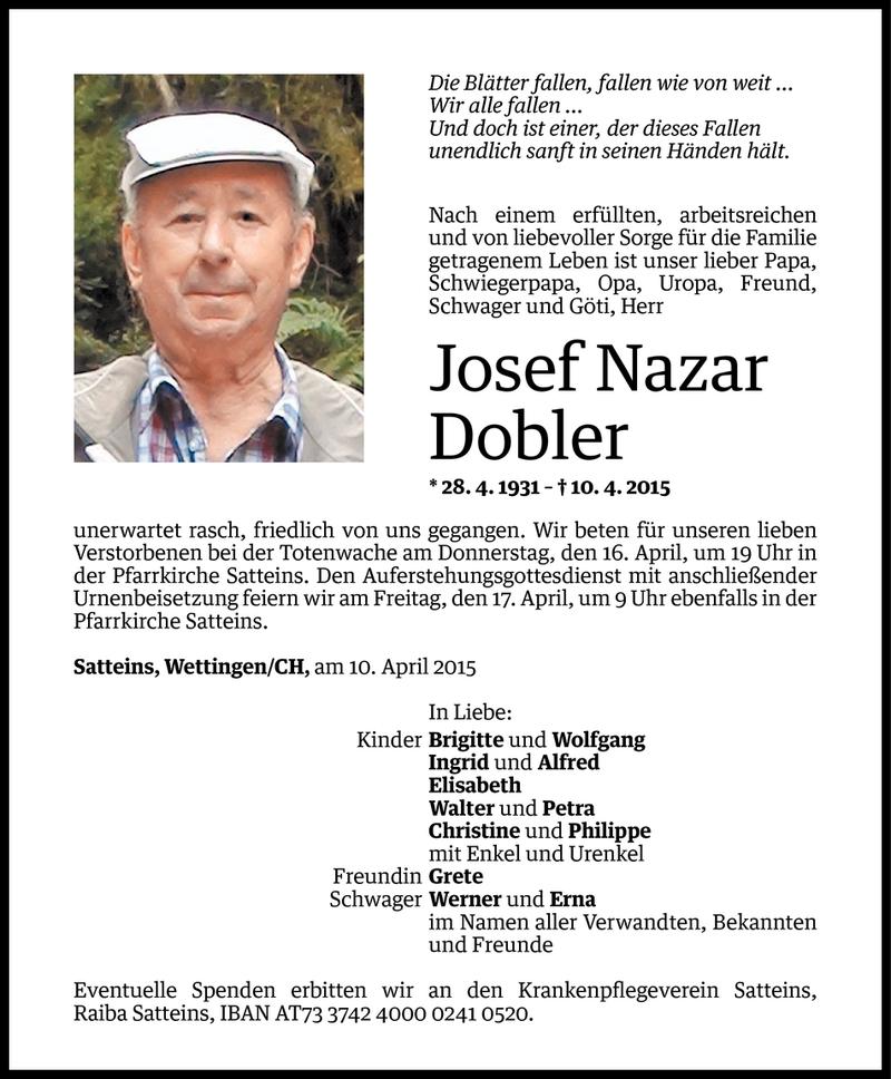  Todesanzeige für Josef Nazari Dobler vom 14.04.2015 aus Vorarlberger Nachrichten