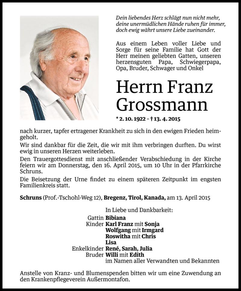  Todesanzeige für Franz Grossmann vom 14.04.2015 aus Vorarlberger Nachrichten