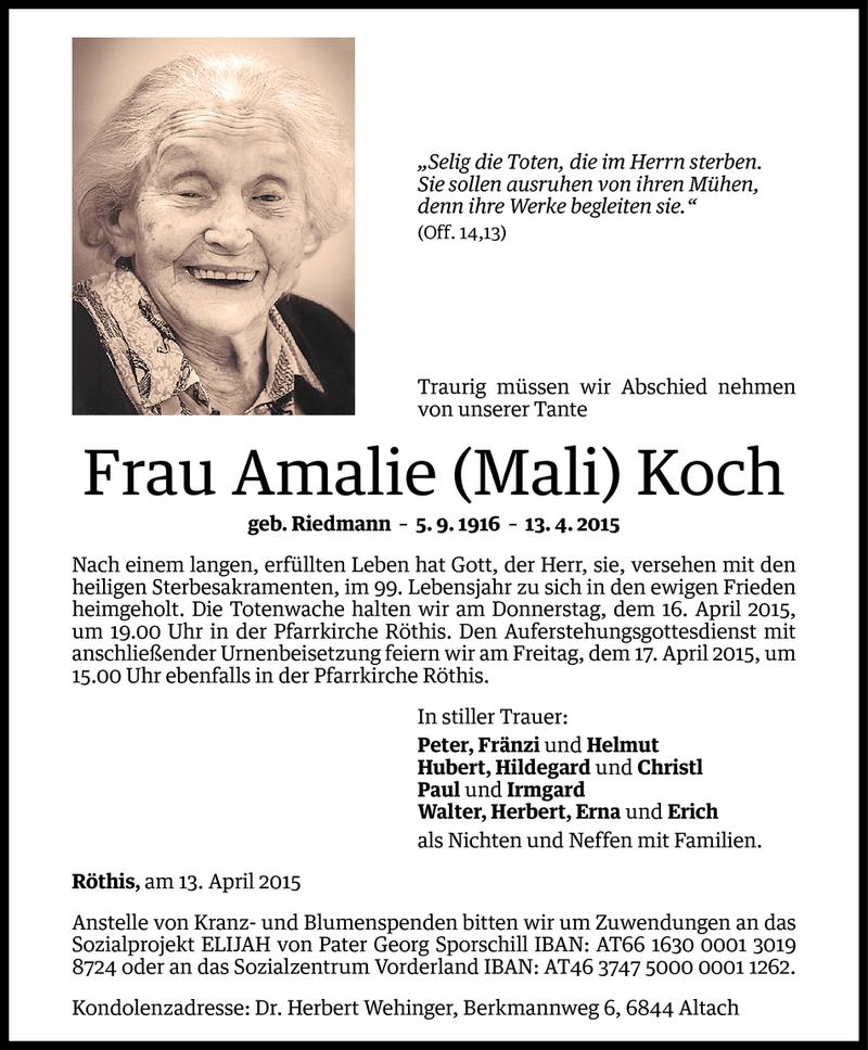  Todesanzeige für Amalie Koch vom 15.04.2015 aus Vorarlberger Nachrichten