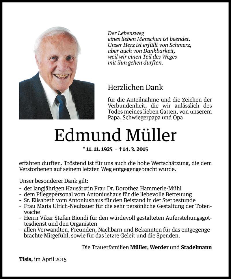  Todesanzeige für Edmund Müller vom 17.04.2015 aus Vorarlberger Nachrichten