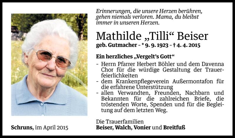  Todesanzeige für Mathilde Beiser vom 15.04.2015 aus Vorarlberger Nachrichten