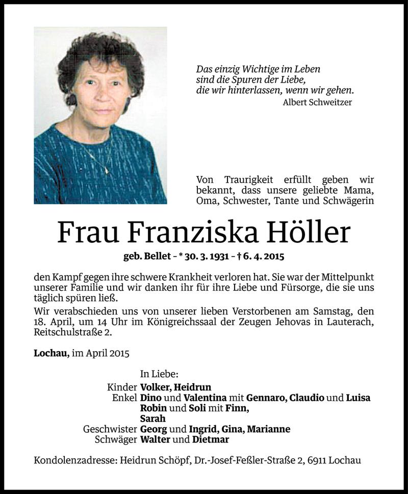  Todesanzeige für Franziska Höller vom 15.04.2015 aus Vorarlberger Nachrichten