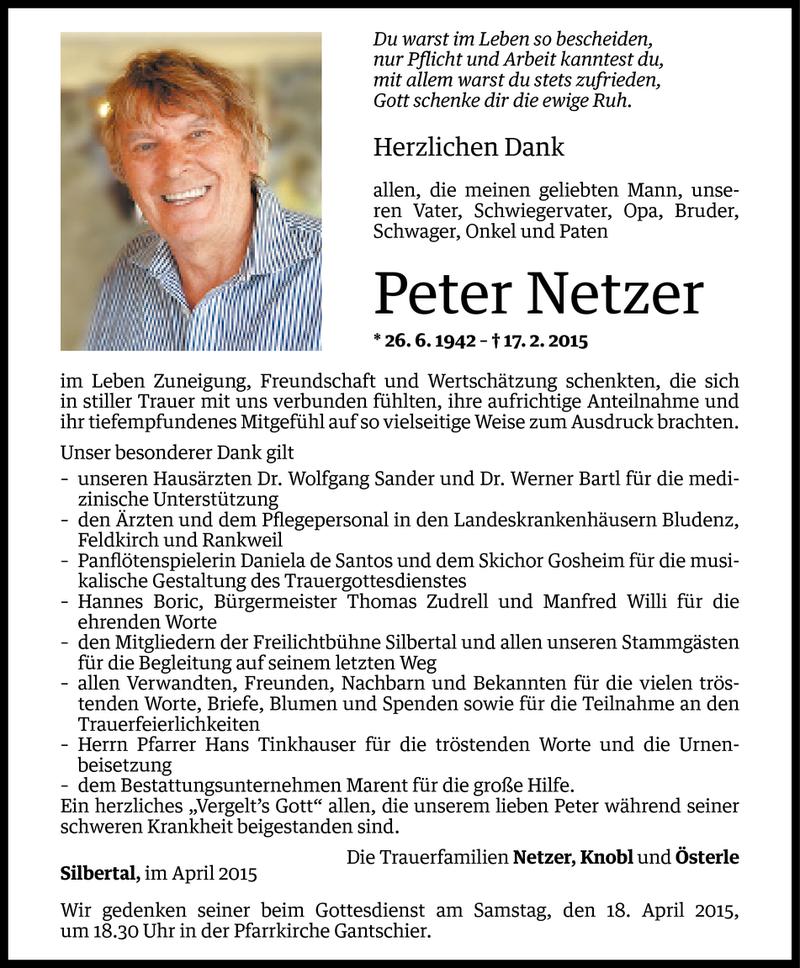  Todesanzeige für Peter Netzer vom 16.04.2015 aus Vorarlberger Nachrichten