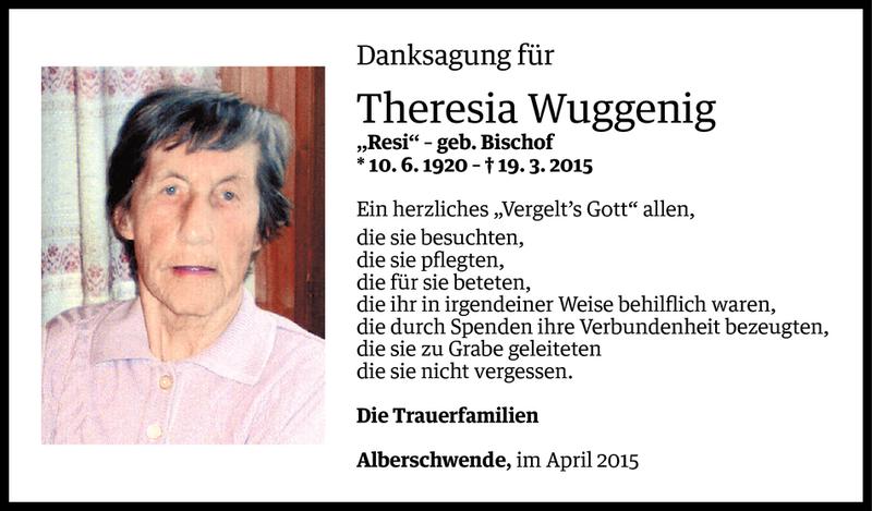  Todesanzeige für Theresia Wuggenig vom 16.04.2015 aus Vorarlberger Nachrichten