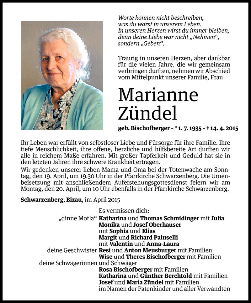  Todesanzeige für Marianne Zündel vom 16.04.2015 aus Vorarlberger Nachrichten