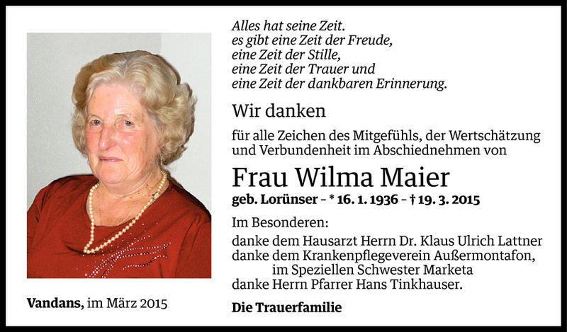  Todesanzeige für Wilma Maier vom 16.04.2015 aus Vorarlberger Nachrichten