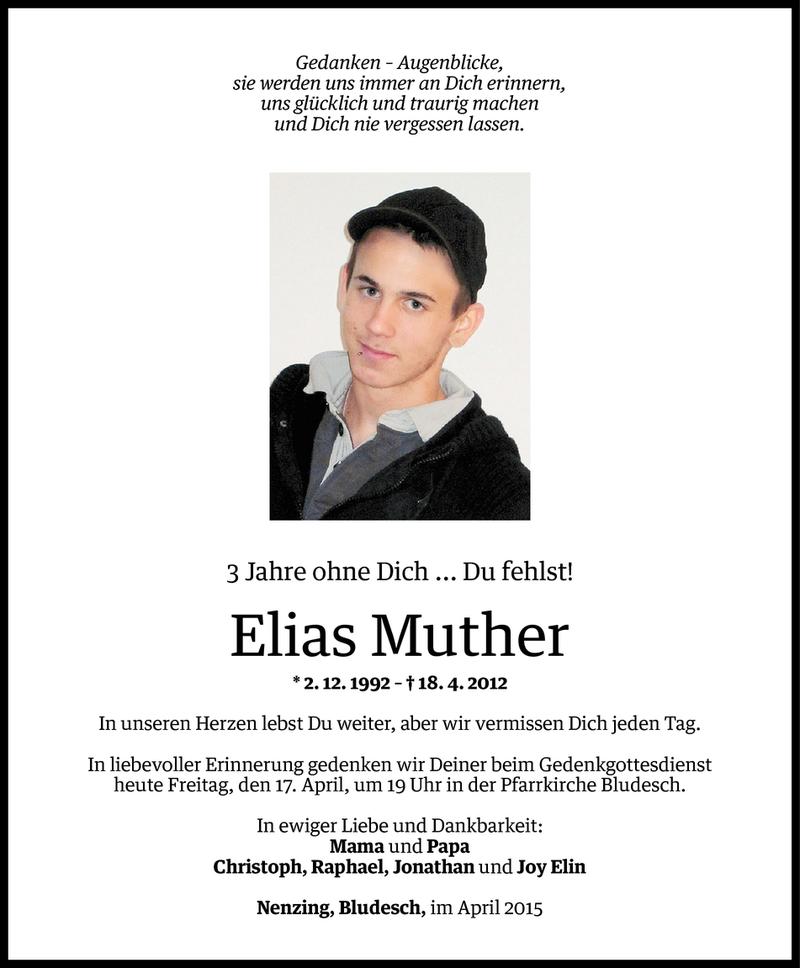  Todesanzeige für Elias Muther vom 16.04.2015 aus Vorarlberger Nachrichten