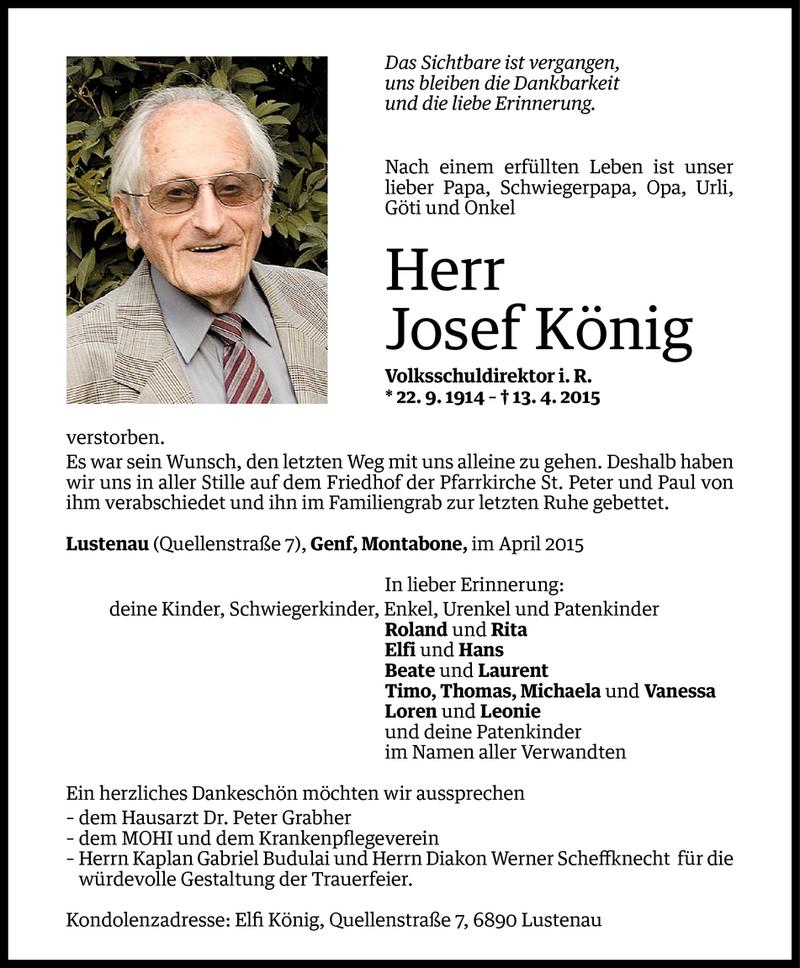  Todesanzeige für Josef König vom 17.04.2015 aus Vorarlberger Nachrichten