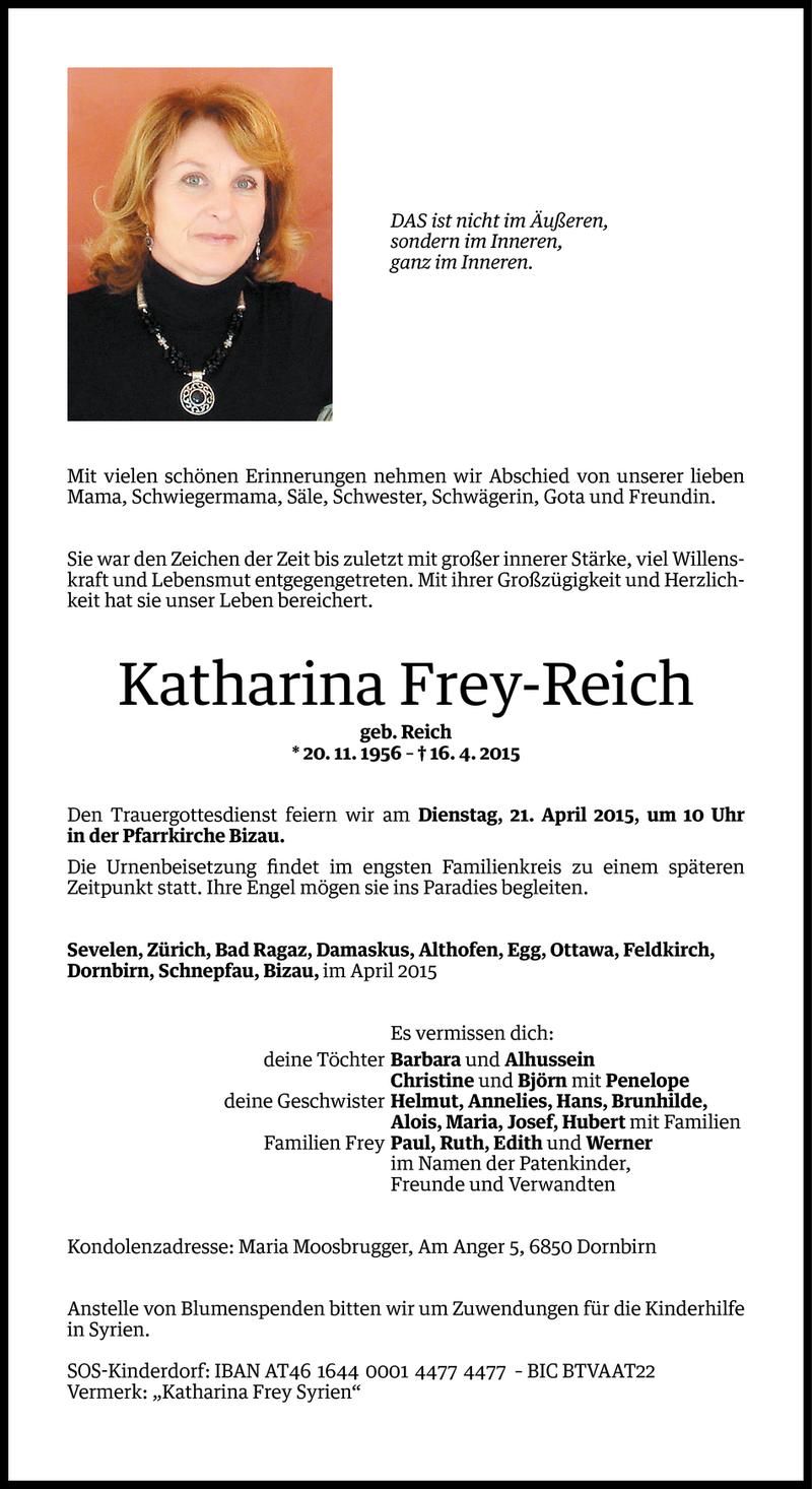  Todesanzeige für Katharina Frey-Reich vom 17.04.2015 aus Vorarlberger Nachrichten