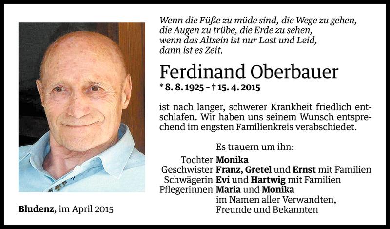  Todesanzeige für Ferdinand Oberbauer vom 21.04.2015 aus Vorarlberger Nachrichten