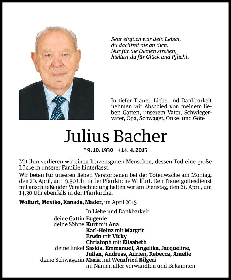  Todesanzeige für Julius Bacher vom 17.04.2015 aus Vorarlberger Nachrichten