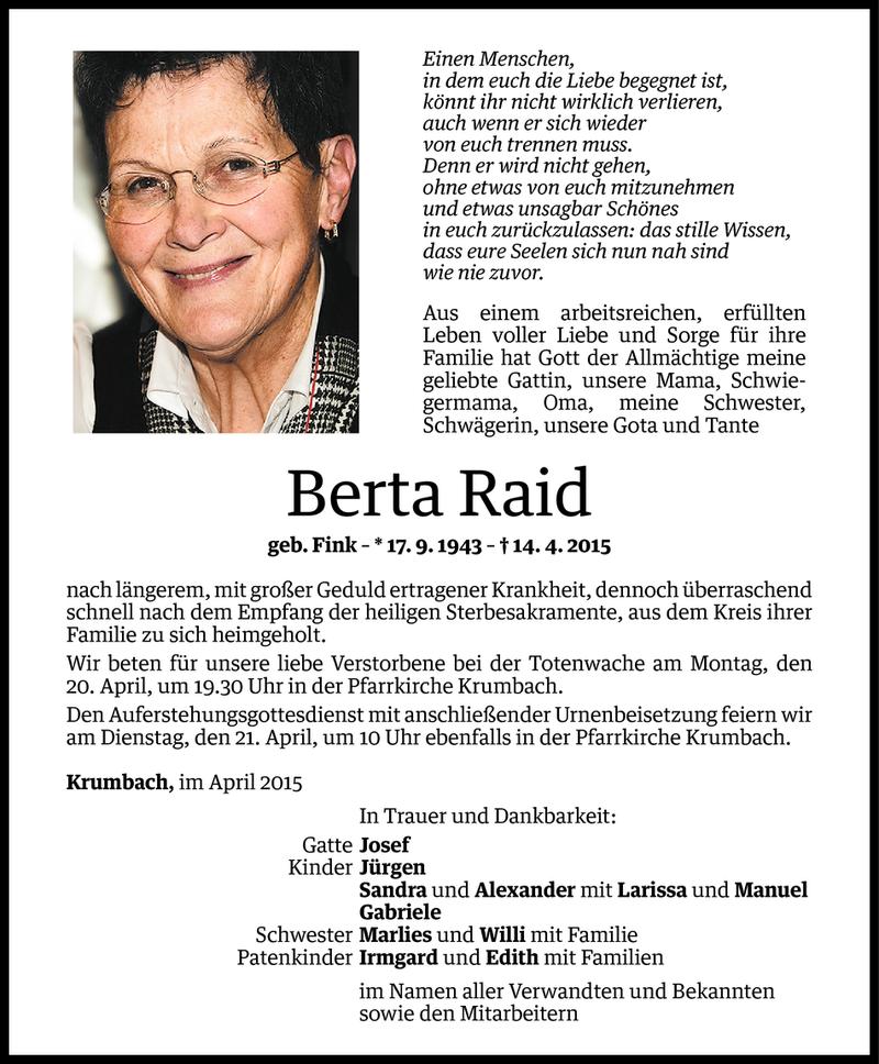  Todesanzeige für Berta Raid vom 17.04.2015 aus Vorarlberger Nachrichten