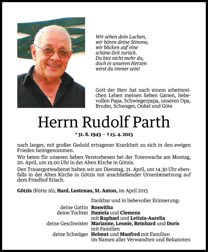  Todesanzeige für Rudolf Parth vom 18.04.2015 aus Vorarlberger Nachrichten