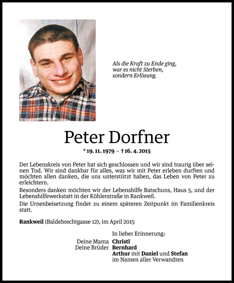 Todesanzeige für Peter Dorfner vom 18.04.2015 aus Vorarlberger Nachrichten