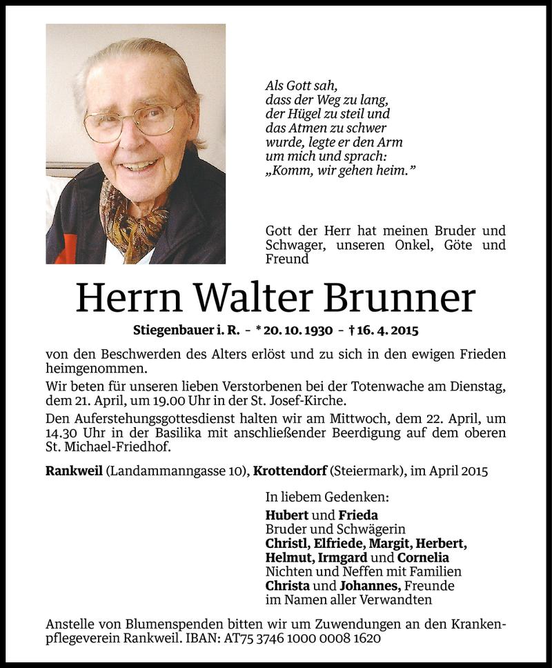  Todesanzeige für Walter Brunner vom 18.04.2015 aus Vorarlberger Nachrichten