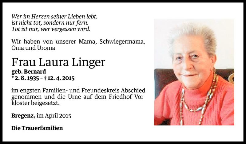  Todesanzeige für Laura Linger vom 20.04.2015 aus Vorarlberger Nachrichten