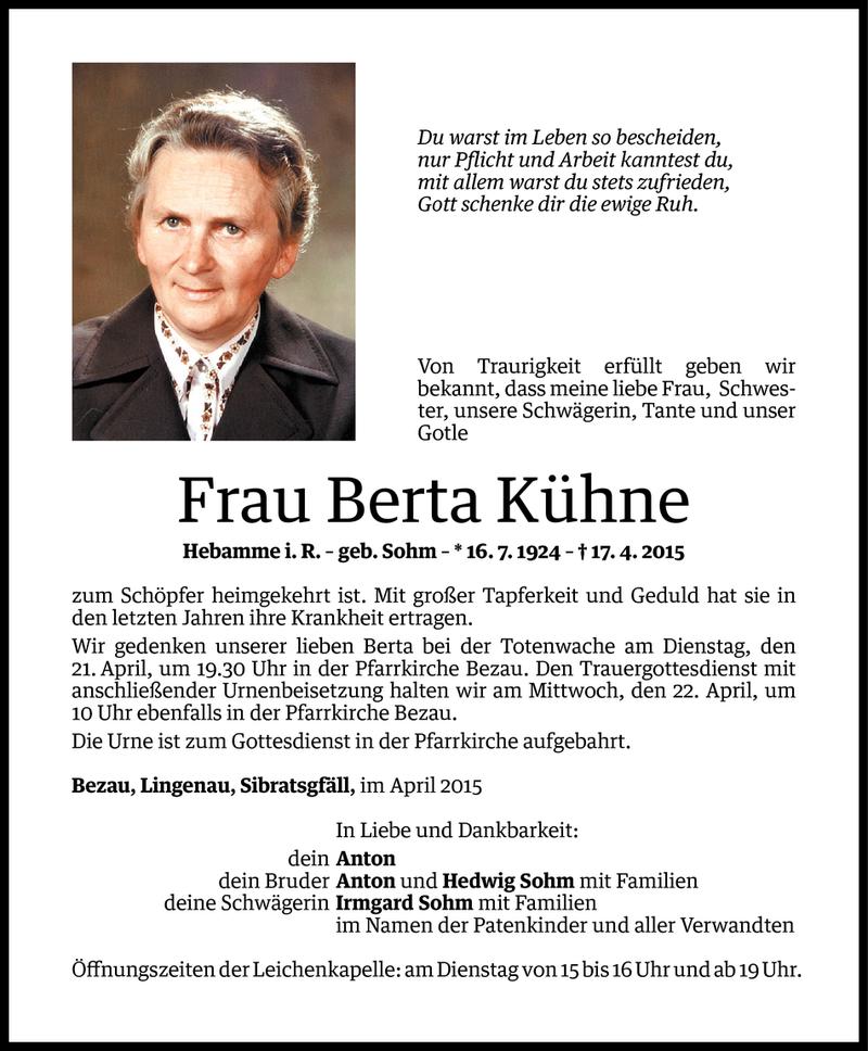  Todesanzeige für Berta Kühne vom 19.04.2015 aus Vorarlberger Nachrichten