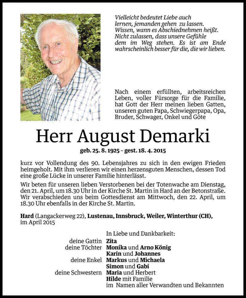  Todesanzeige für August Demarki vom 19.04.2015 aus Vorarlberger Nachrichten