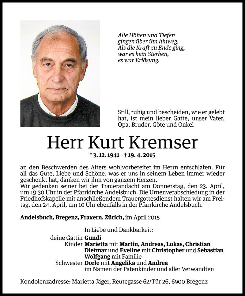  Todesanzeige für Kurt Kremser vom 20.04.2015 aus Vorarlberger Nachrichten