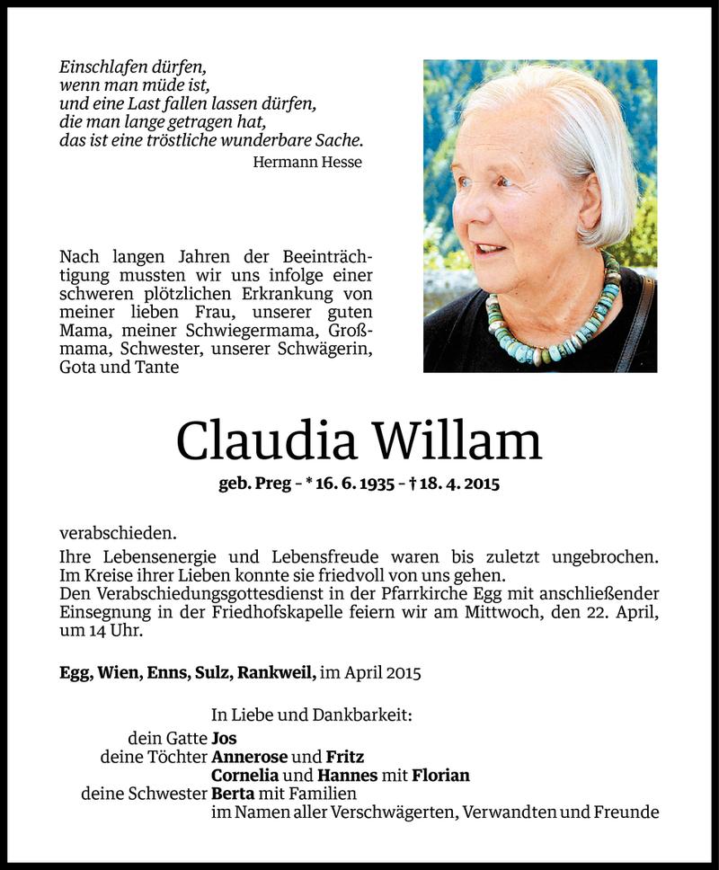  Todesanzeige für Claudia Willam vom 20.04.2015 aus Vorarlberger Nachrichten