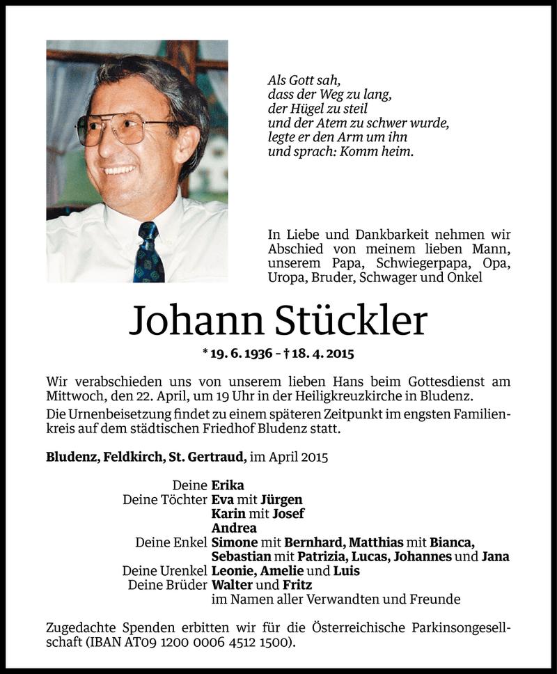  Todesanzeige für Johann Stückler vom 21.04.2015 aus Vorarlberger Nachrichten