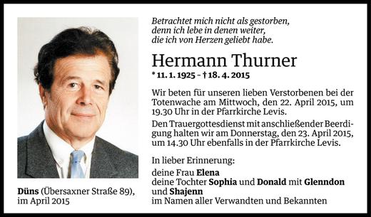Todesanzeige von Hermann Thurner von Vorarlberger Nachrichten