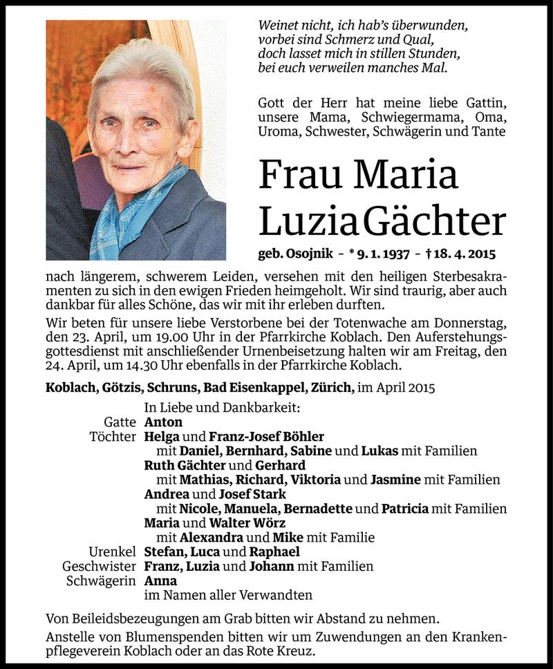  Todesanzeige für Maria Luzia Gächter vom 21.04.2015 aus Vorarlberger Nachrichten