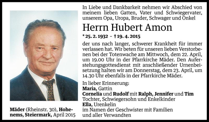  Todesanzeige für Hubert Amon vom 21.04.2015 aus Vorarlberger Nachrichten
