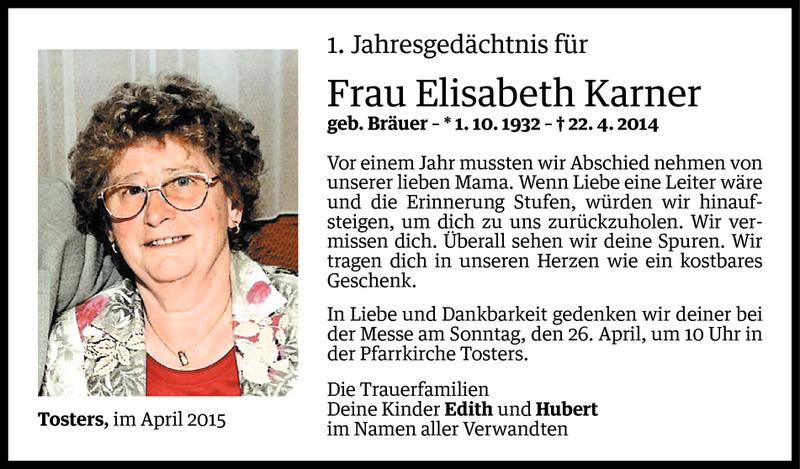  Todesanzeige für Elisabeth Karner vom 21.04.2015 aus Vorarlberger Nachrichten