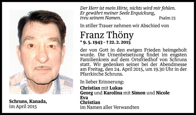  Todesanzeige für Franz Thöny vom 21.04.2015 aus Vorarlberger Nachrichten