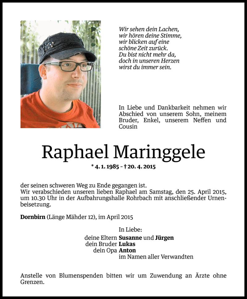  Todesanzeige für Raphael Maringgele vom 21.04.2015 aus Vorarlberger Nachrichten
