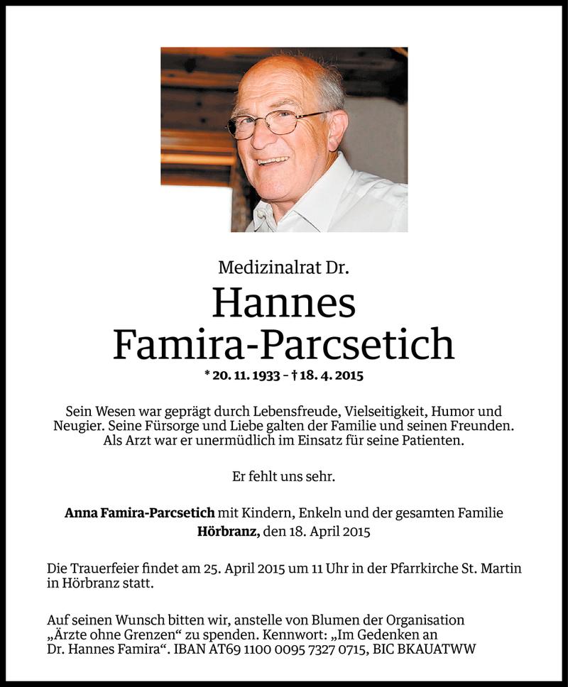  Todesanzeige für Hannes Famira-Parcsetich vom 21.04.2015 aus Vorarlberger Nachrichten