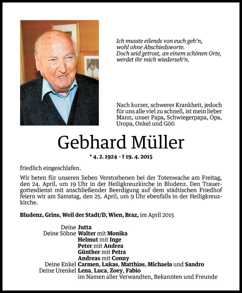  Todesanzeige für Gebhard Müller vom 21.04.2015 aus Vorarlberger Nachrichten