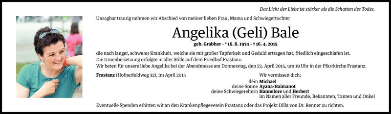  Todesanzeige für Angelika Bale vom 21.04.2015 aus Vorarlberger Nachrichten