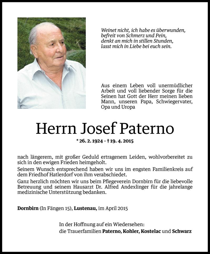  Todesanzeige für Josef Paterno vom 24.04.2015 aus Vorarlberger Nachrichten