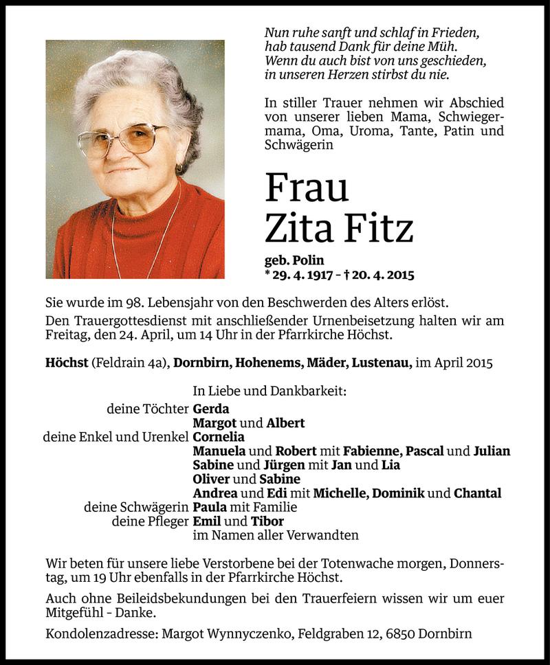  Todesanzeige für Zita Fitz vom 21.04.2015 aus Vorarlberger Nachrichten