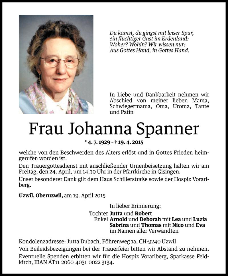  Todesanzeige für Johanna Spanner vom 21.04.2015 aus Vorarlberger Nachrichten