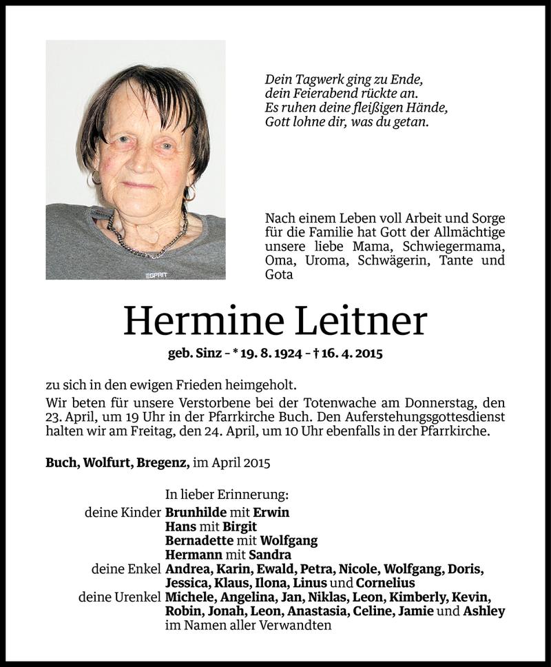  Todesanzeige für Hermine Leitner vom 21.04.2015 aus Vorarlberger Nachrichten