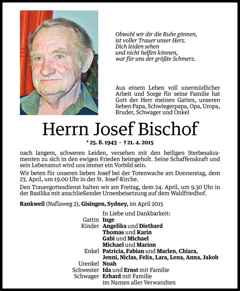  Todesanzeige für Josef Bischof vom 22.04.2015 aus Vorarlberger Nachrichten