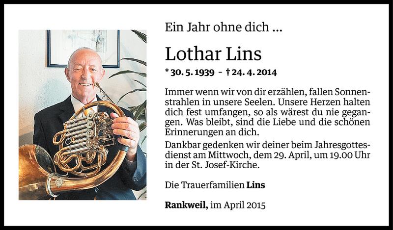  Todesanzeige für Lothar Lins vom 24.04.2015 aus Vorarlberger Nachrichten