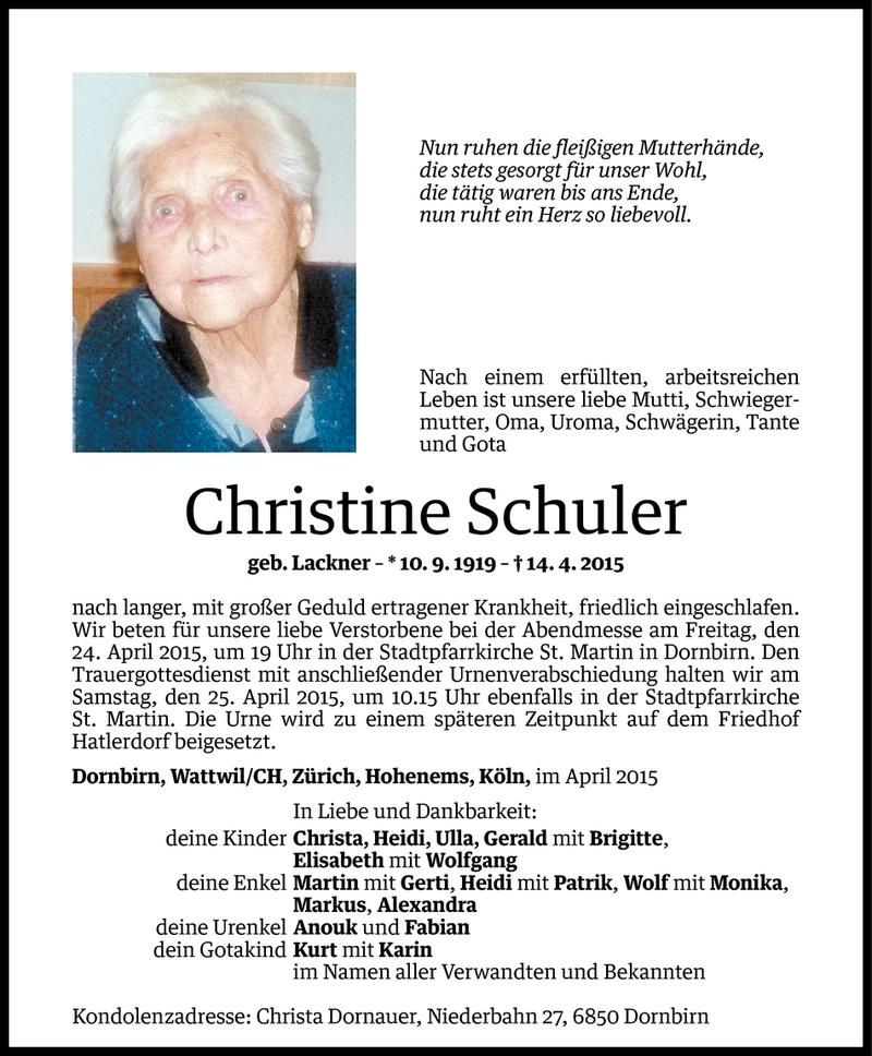  Todesanzeige für Christine Schuler vom 22.04.2015 aus Vorarlberger Nachrichten