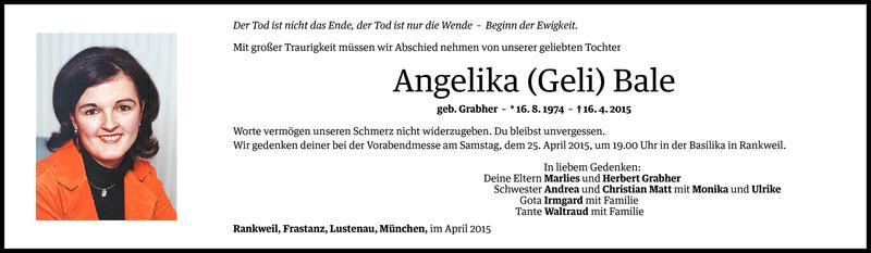  Todesanzeige für Angelika Bale vom 23.04.2015 aus Vorarlberger Nachrichten