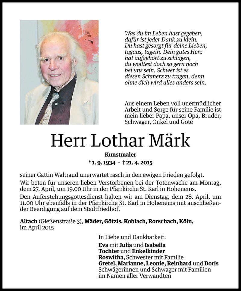  Todesanzeige für Lothar Märk vom 23.04.2015 aus Vorarlberger Nachrichten