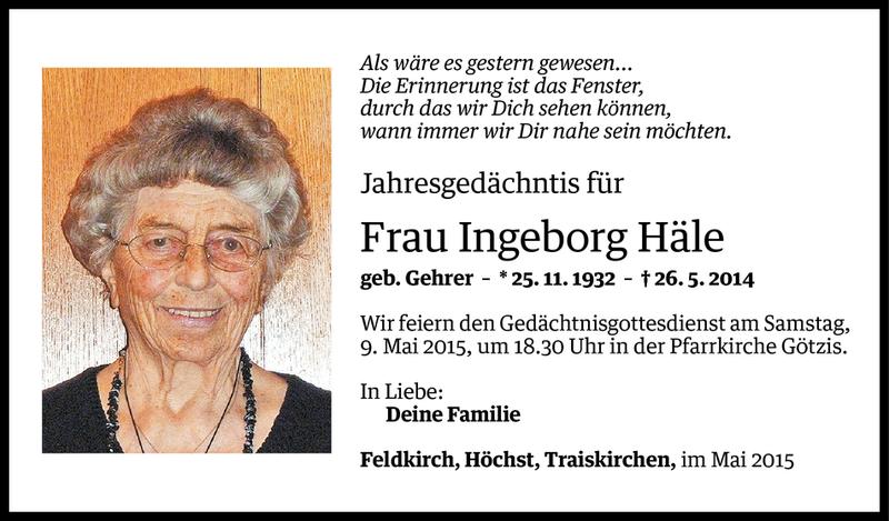  Todesanzeige für Ingeborg Häle vom 02.05.2015 aus Vorarlberger Nachrichten