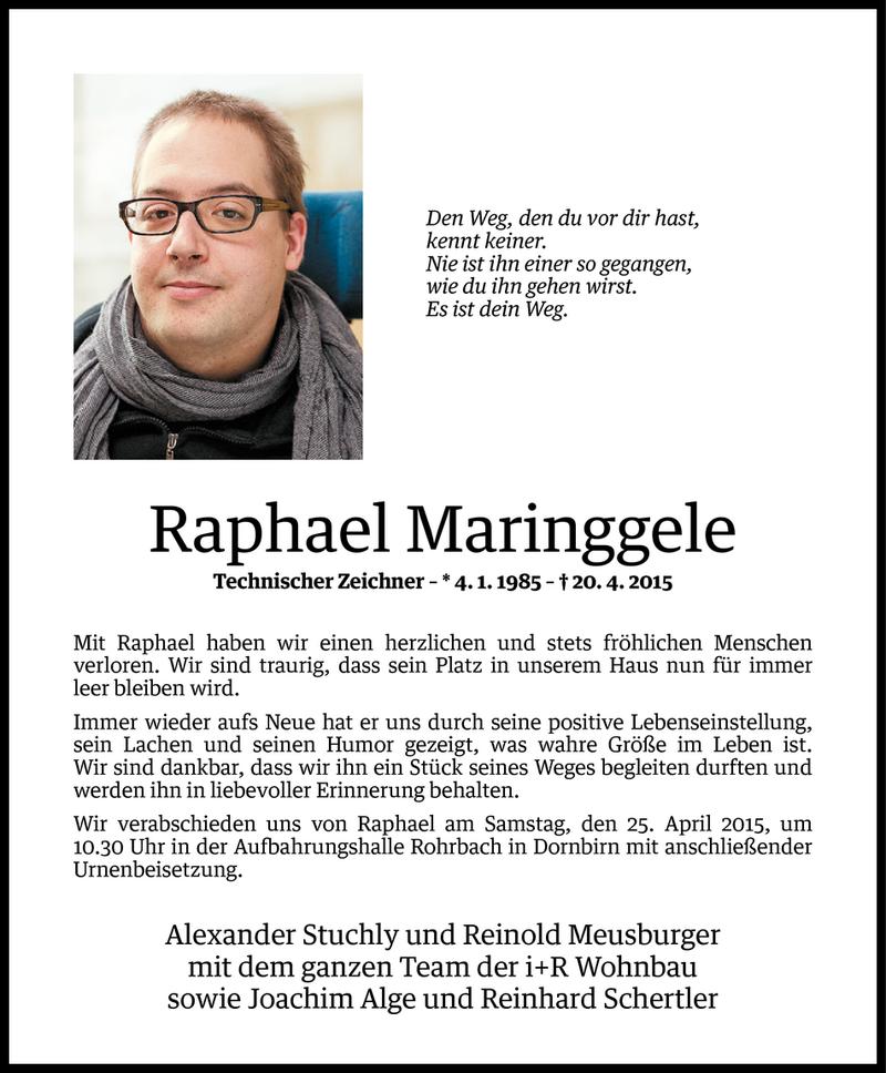  Todesanzeige für Raphael Maringgele vom 22.04.2015 aus Vorarlberger Nachrichten