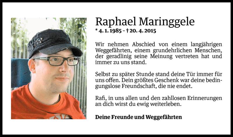  Todesanzeige für Raphael Maringgele vom 22.04.2015 aus Vorarlberger Nachrichten