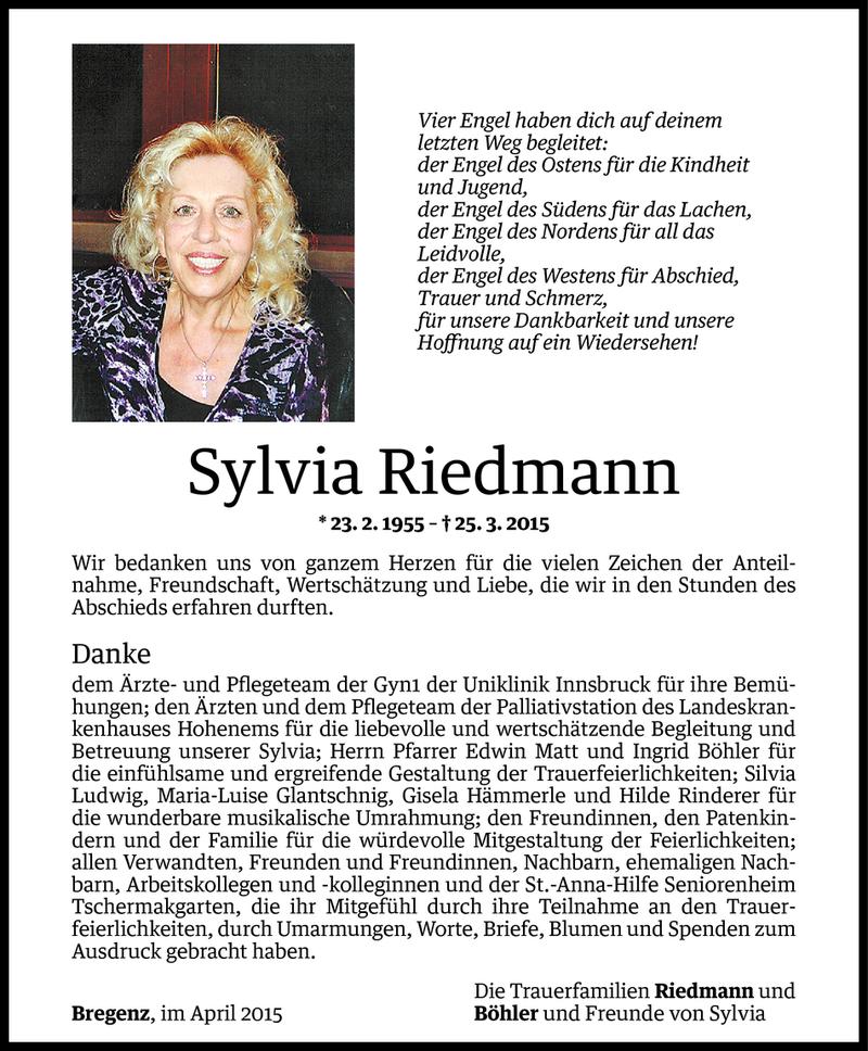  Todesanzeige für Sylvia Riedmann vom 24.04.2015 aus Vorarlberger Nachrichten