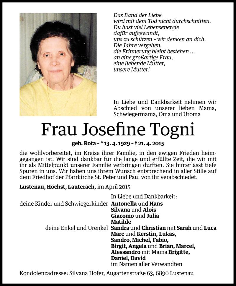  Todesanzeige für Josefine Togni vom 23.04.2015 aus Vorarlberger Nachrichten